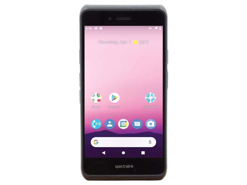 Voorkant en scherm van de Spectralink Versity 9640 zakelijke LTE smartphone