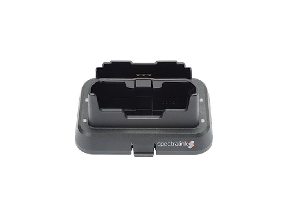 Een lege Spectralink Versity Desktop Dual Charger voor één Versity 97-serie smartphone en één resevebatterij