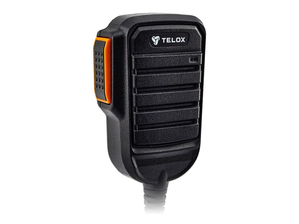 Voorkant van de Telox RM-31K handmicrofoon en linker zijkant met push to talk knop