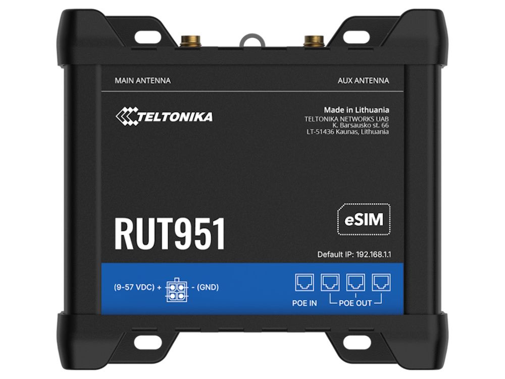 Bovenkant van de Teltonika RUT951 PoE+ industriële 4G LTE router
