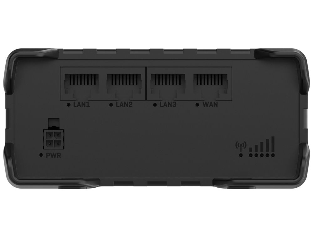 Zijkant van de Teltonika RUT951 PoE+ industriële 4G LTE router met alle WAN- en LAN-poorten