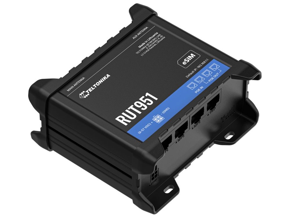 De Teltonika RUT951 PoE+ industriële 4G LTE router schuin liggend