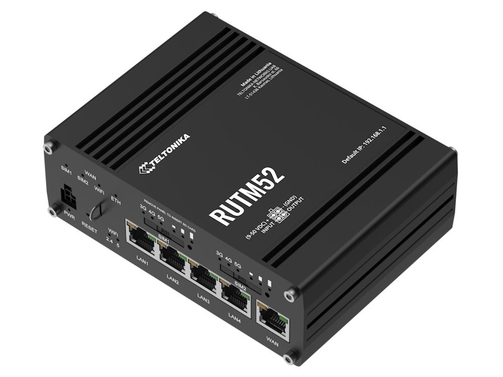 Voorkant van de Teltonika RUTM52 dual 5G mobiele router en zijkant met alle WAN-poorten en LAN-poorten en SIM-slots