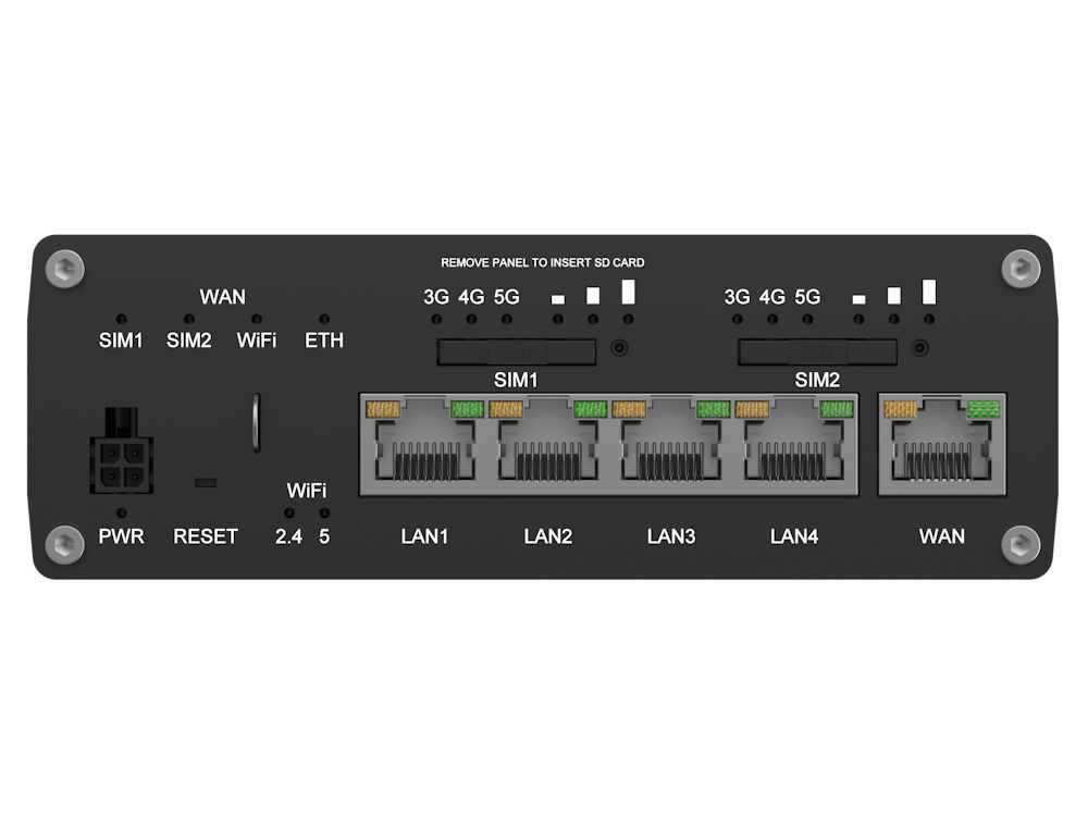 Zijkant van de Teltonika RUTM52 dual 5G router met twee SIM-kaartslots en ethernetpoorten waarvan 1 WAN-poort en 4 LAN-poorten