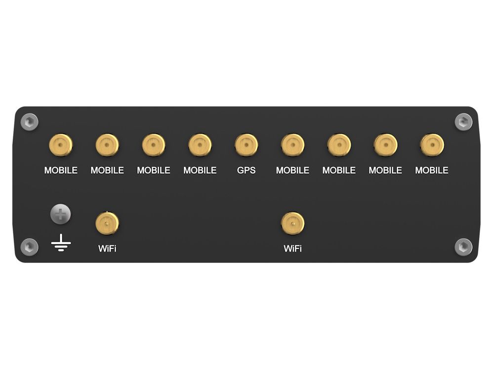 Zijkant van de Teltonika RUTM52 dual 5G router met alle antenne-aansluitingen voor WiFi en 5G en GPS