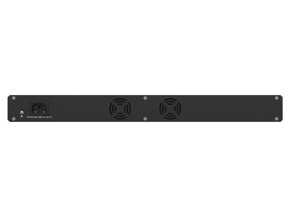 Teltonika SWM280 managed switch achterzijde ventilatoren en stroomaansluiting