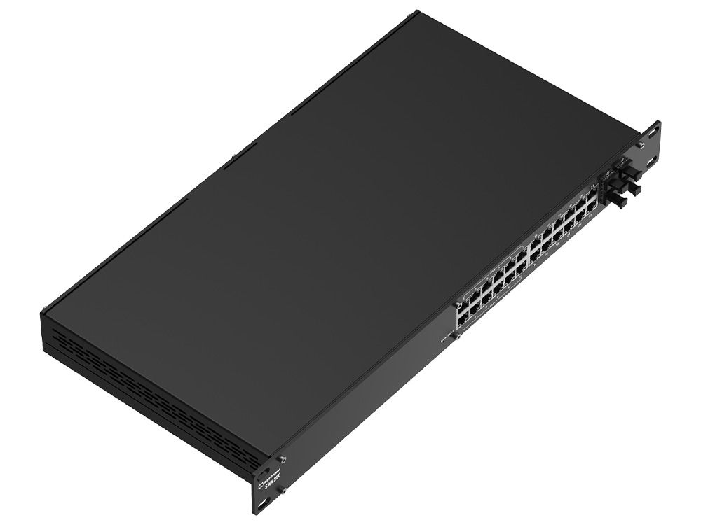 Teltonika SWM280 managed switch bovenzijde en ethernetpoorten