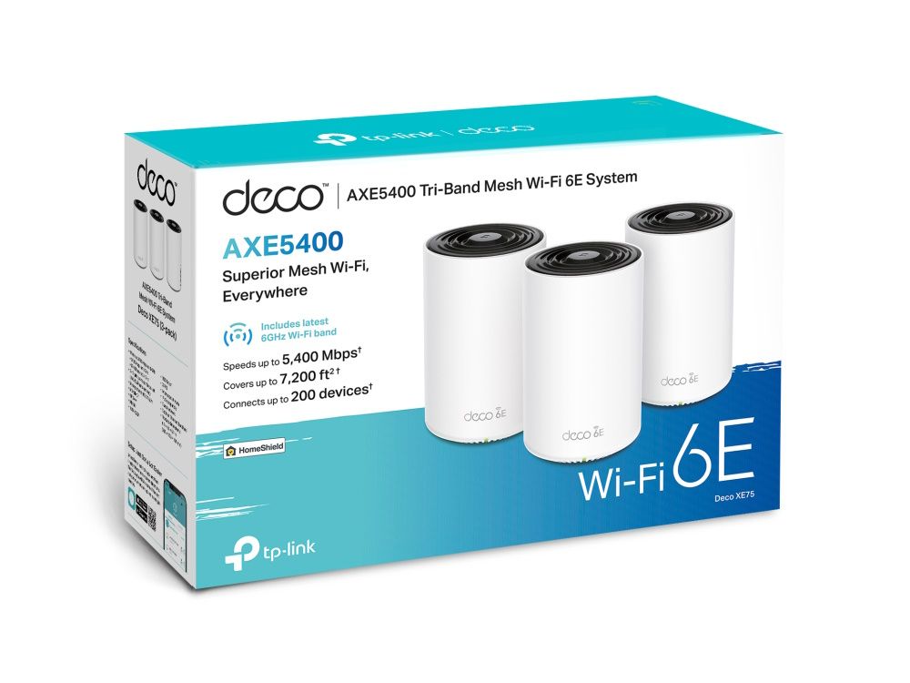 TP-Link Deco XE75 3-pack mesh WiFi systeem in verpakking