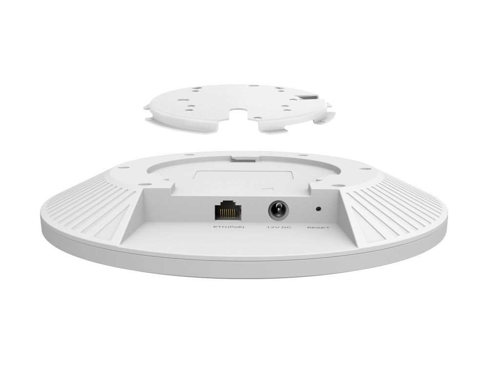 TP-Link Omada EAP683 UR indoor WiFi 6 access point achterkant met stroomaansluiting en ethernetpoort