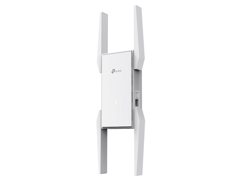 Voorkant en zijkant van de TP-Link Omada EAP673-Extender wall-plate mesh WiFi 6 versterker met externe antennes