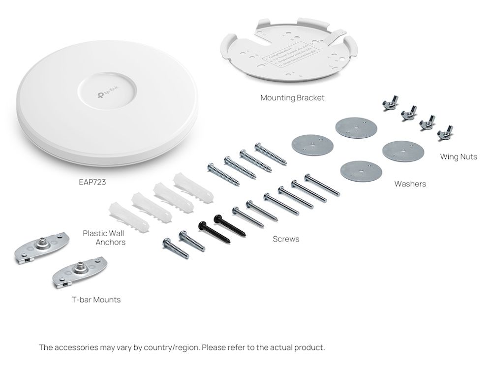 Verpakkingsinhoud van het Omada by TP-Link EAP723 indoor WiFi 7 access point met onder andere schroeven en montagebeugel en pluggen