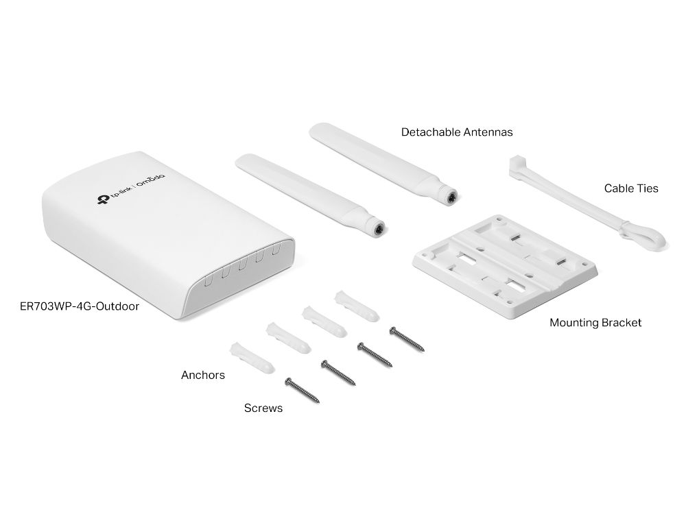 TP-Link Omada ER703WP-4G-Outdoor WiFi 6 Gigabit VPN 4G Outdoor Router inhoud verpakking included accessoires