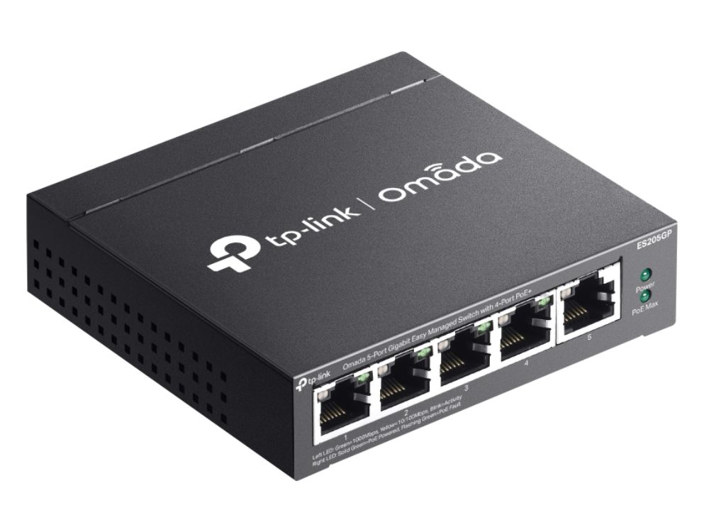 TP-Link Omada ES205GP 5-Port Gigabit Easy Managed Switch bovenkant met tp-link omada logo