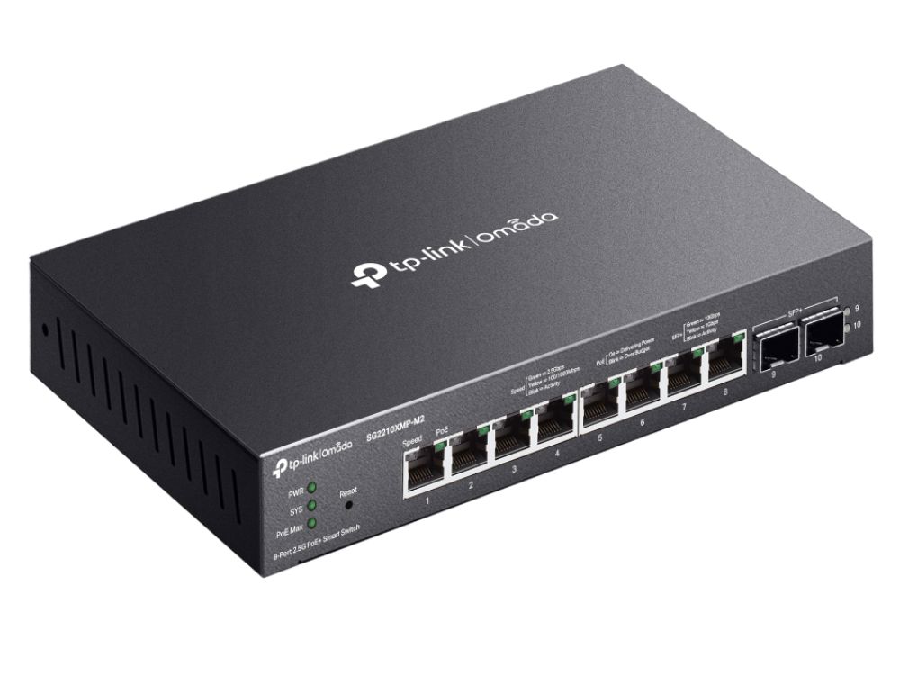 TP-Link Omada SG2210XMP-M2 8-poorts 2.5G Smart Switch met 8x PoE+ (160W) bovenkant en voorkant