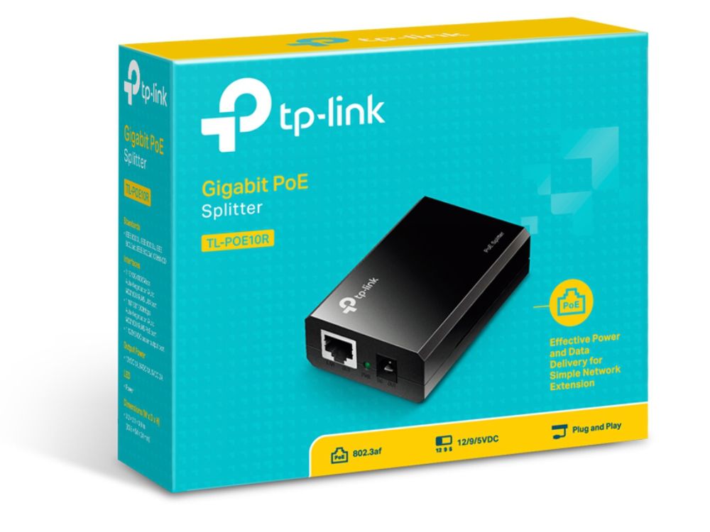 TP-Link TL-POE10R Gigabit PoE Splitter 802.3af compatible (12V/1A, 9V/1A, 5V/2A) Output 12W verpakking doos box