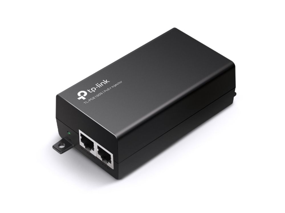 Zijkant en voorkant van de TP-Link PoE-160S Gigabit PoE+ injector met twee ethernetpoorten