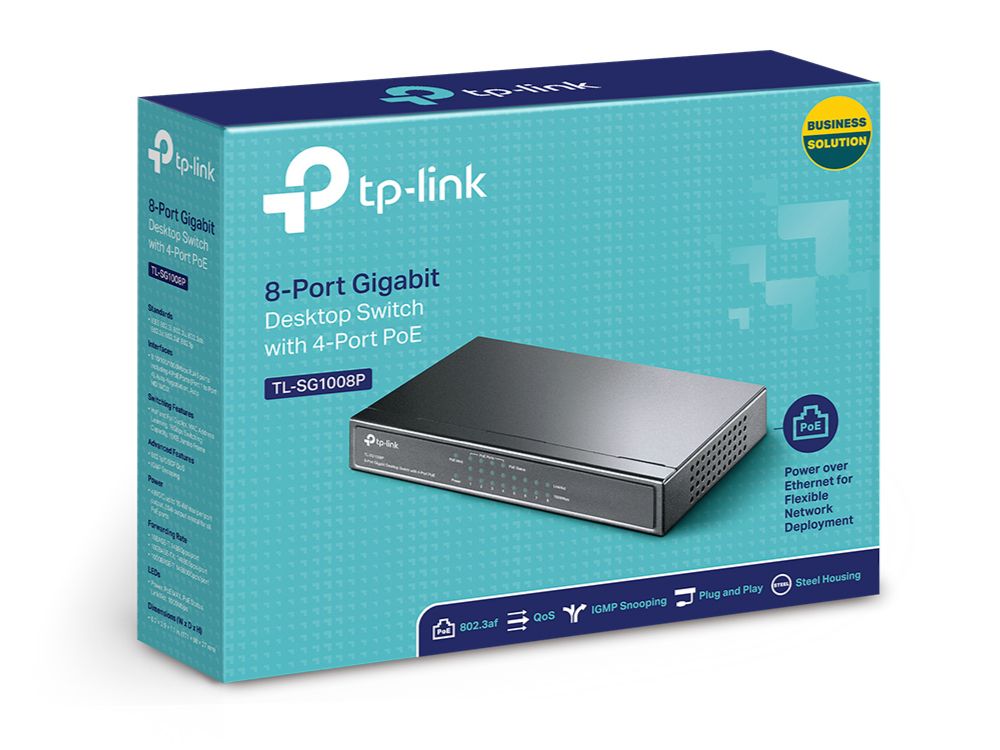 TP-Link TL-SG1008P 8-Poorts Gigabit PoE Switch voorkant verpakking doos