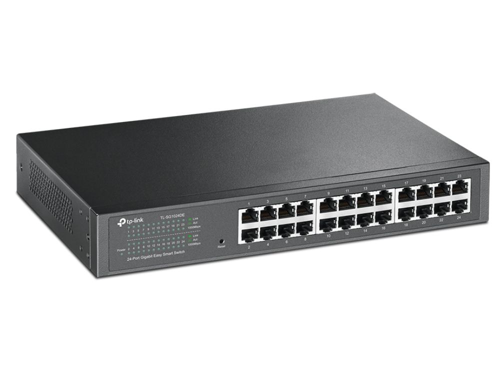 TP-Link TL-SG1024DE 24-Poorts Gigabit Switch voorkant ethernetpoorten zijkant en voorkant