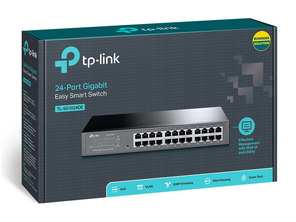 TP-Link TL-SG1024DE 24-Poorts Gigabit Switch voorkant ethernetpoorten verpakking doos box