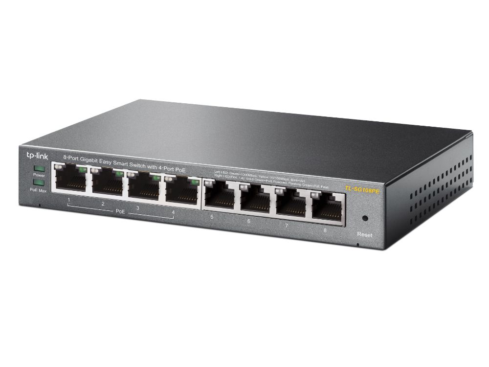 TP-Link TL-SG108PE 8-Poorts Gigabit Smart Switch met 4x PoE+ zijkant rechts