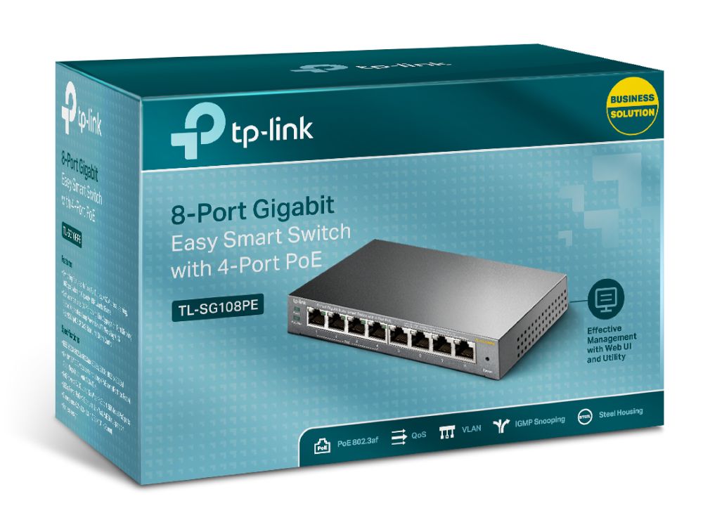 TP-Link TL-SG108PE 8-Poorts Gigabit Smart Switch met 4x PoE+ verpakking doos