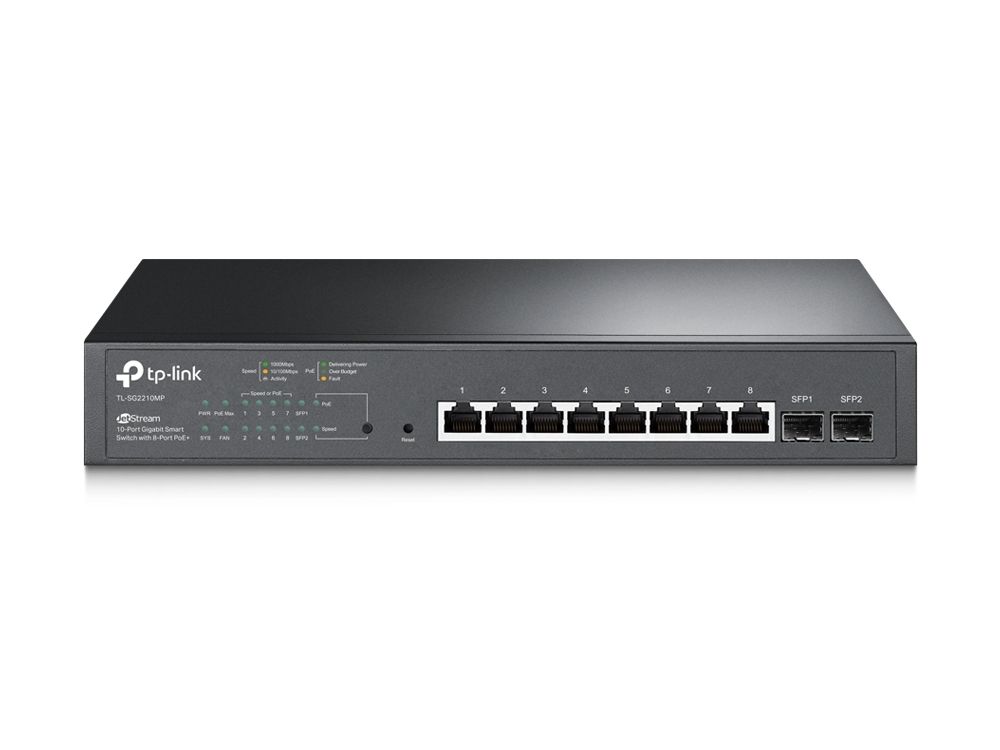 Voorkant van de TP-Link TL-SG2210MP 8-poorts Gigabit Smart Switch met 8x gigabit PoE+ (150W) ethernetpoorten