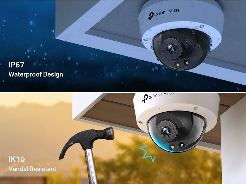 Sfeerfoto van de TP-Link VIGI C250 2.8 mm 5MP full-color outdoor dome camera die waterproof en vandaalbestendig is