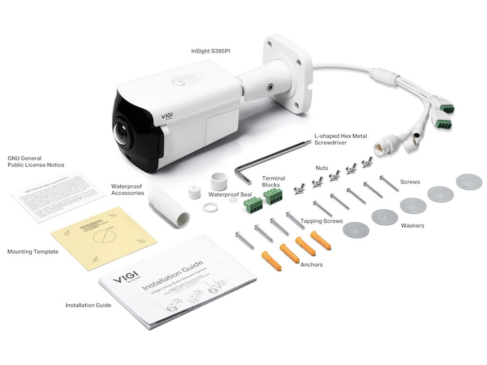 Verpakkingsinhoud van de TP-Link VIGI InSight S385PI 8MP Outdoor IR Panoramic Bullet Network Camera met alle toebehoren en montagemateriaal