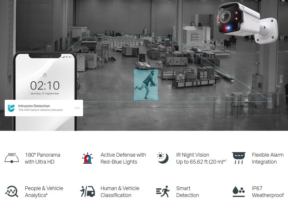 Specificaties en mogelijkheden van de TP-Link VIGI InSight S385PI 8MP Outdoor IR Panoramic Bullet Network Camera zoals intrusion detection