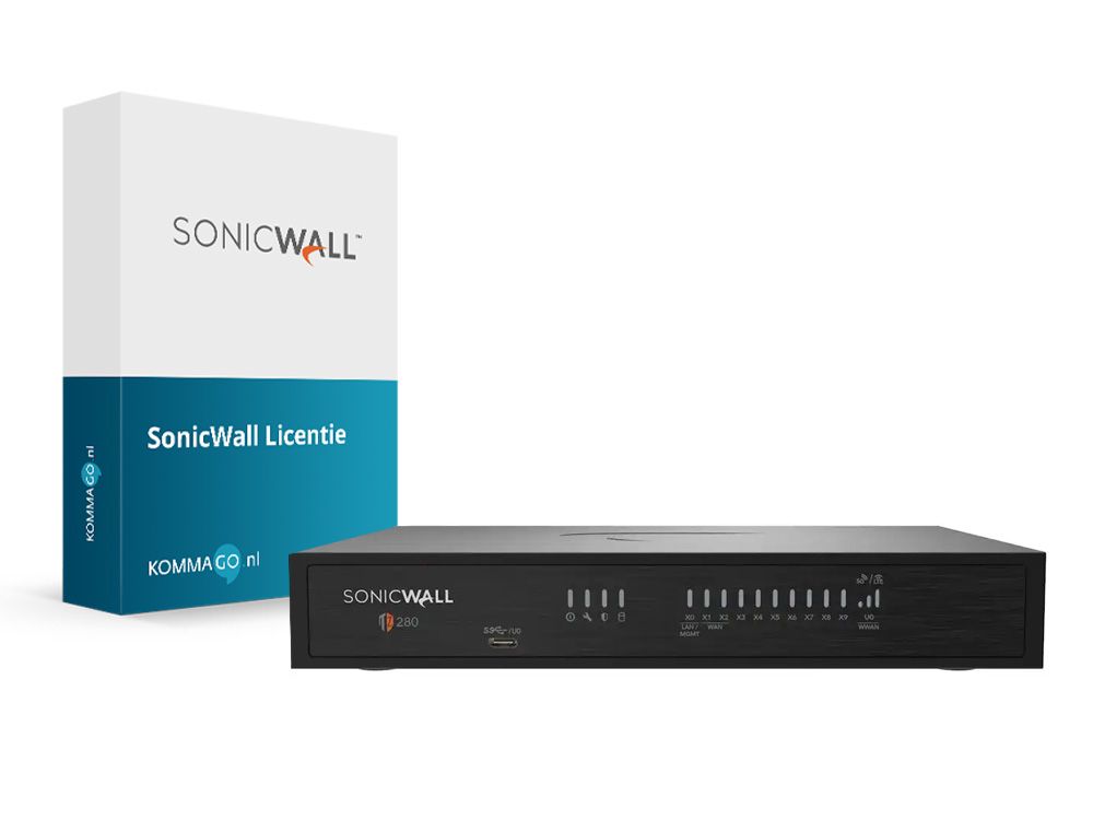 Voorkant van de SonicWall TZ280 firewall met status leds