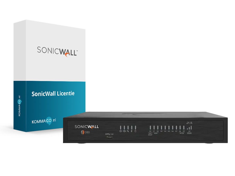 Voorkant van de SonicWall TZ380 Firewall met alle status leds
