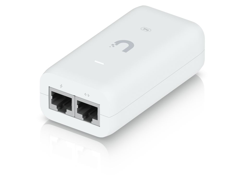 Bovenkant en voorkant van de Ubiquiti U-POE-af Gigabit PoE injector met ethernetpoorten