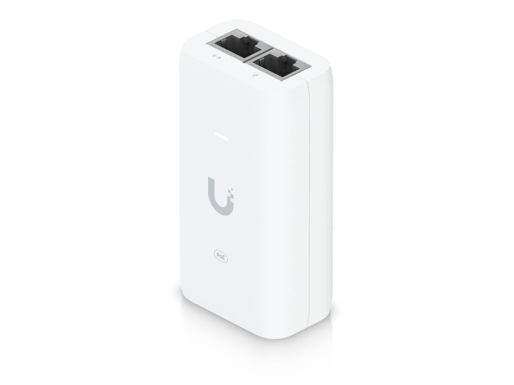 De Ubiquiti U-POE-af Gigabit PoE injector rechtopstaand met de ethernetpoorten en Ubiquiti logo