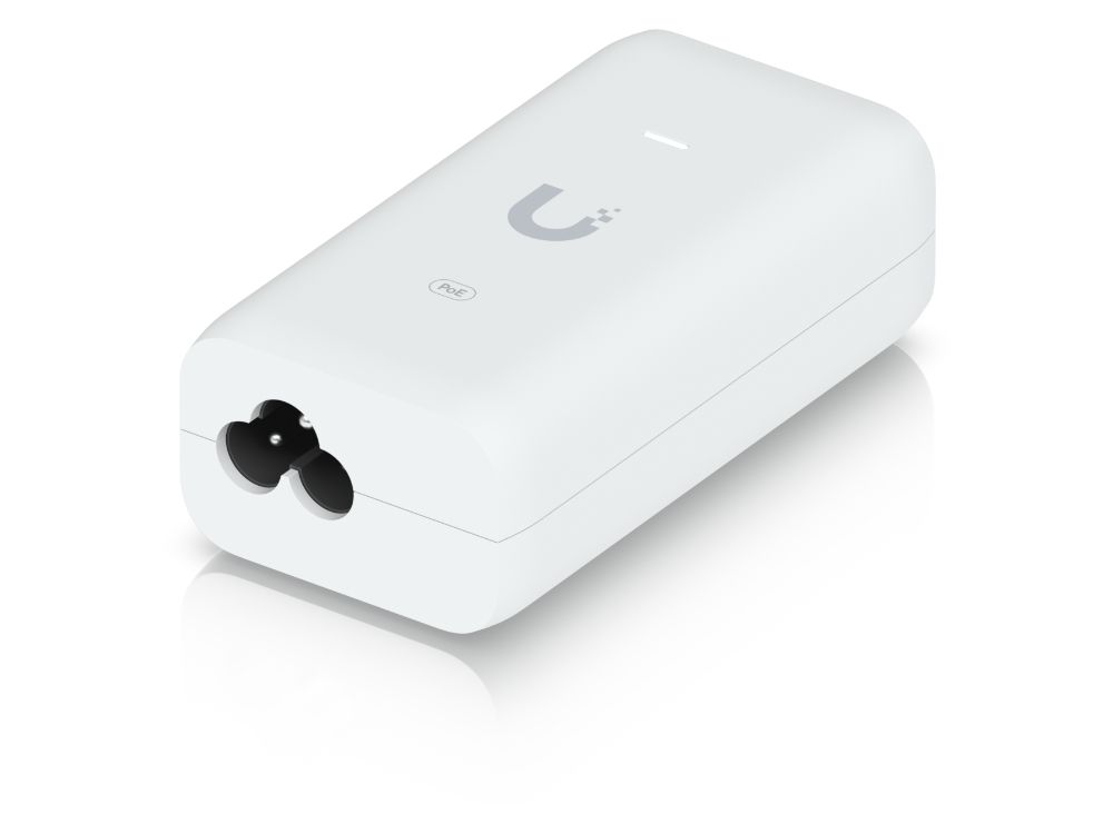 De achterkant van de Ubiquiti U-POE-af Gigabit PoE injector met stroomaansluiting