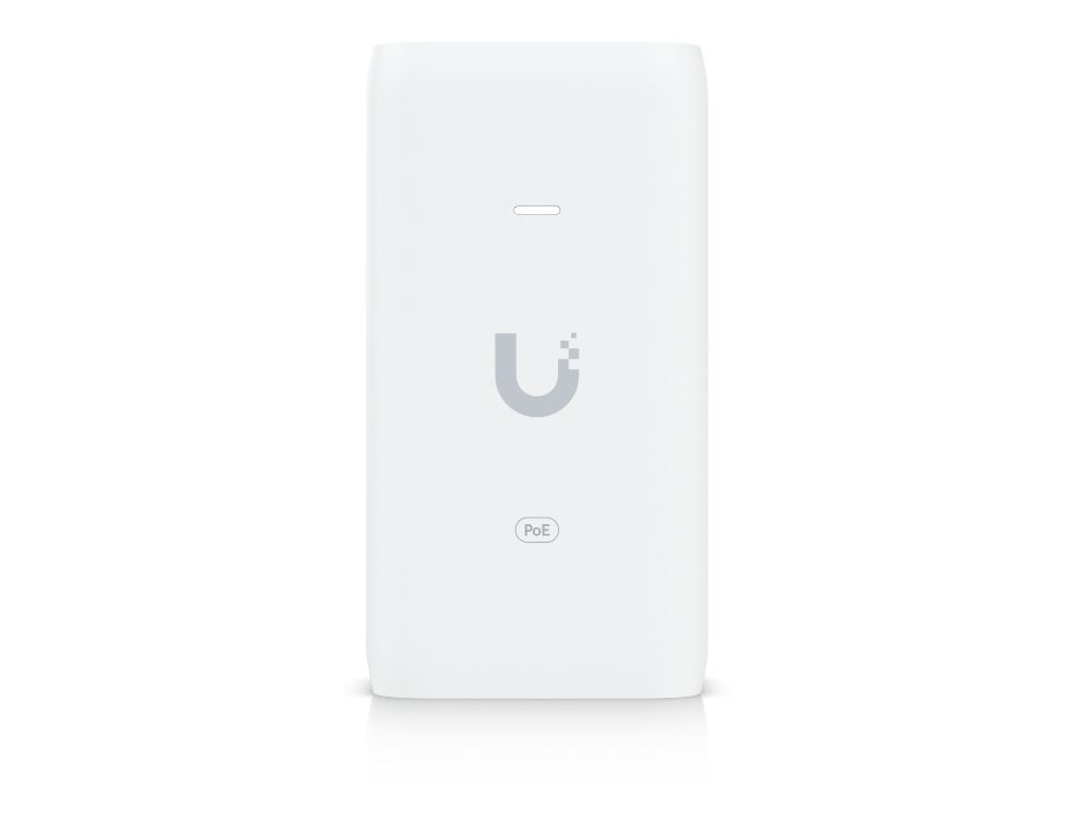 Voorkant van de Ubiquiti U-POE-af Gigabit PoE injector met het Ubiquiti logo en PoE