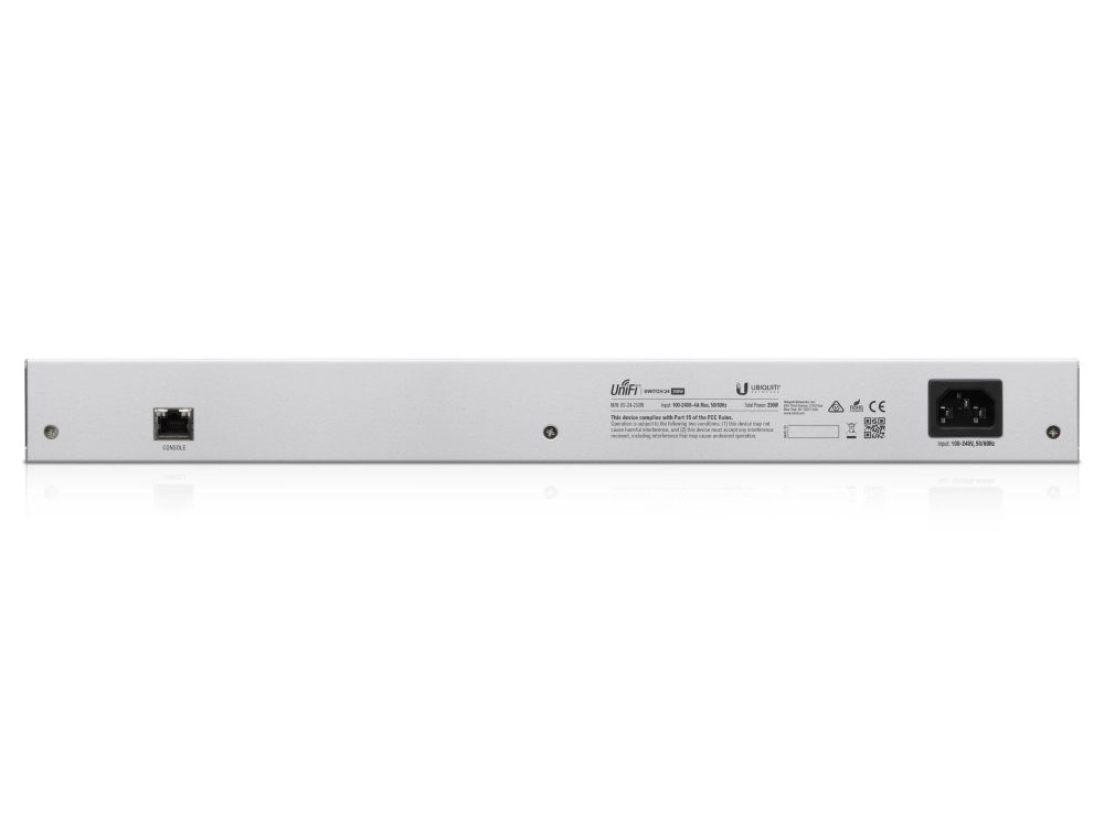 Achterkant van de Ubiquiti UniFi US-24-250W switch met de stroomaansluiting