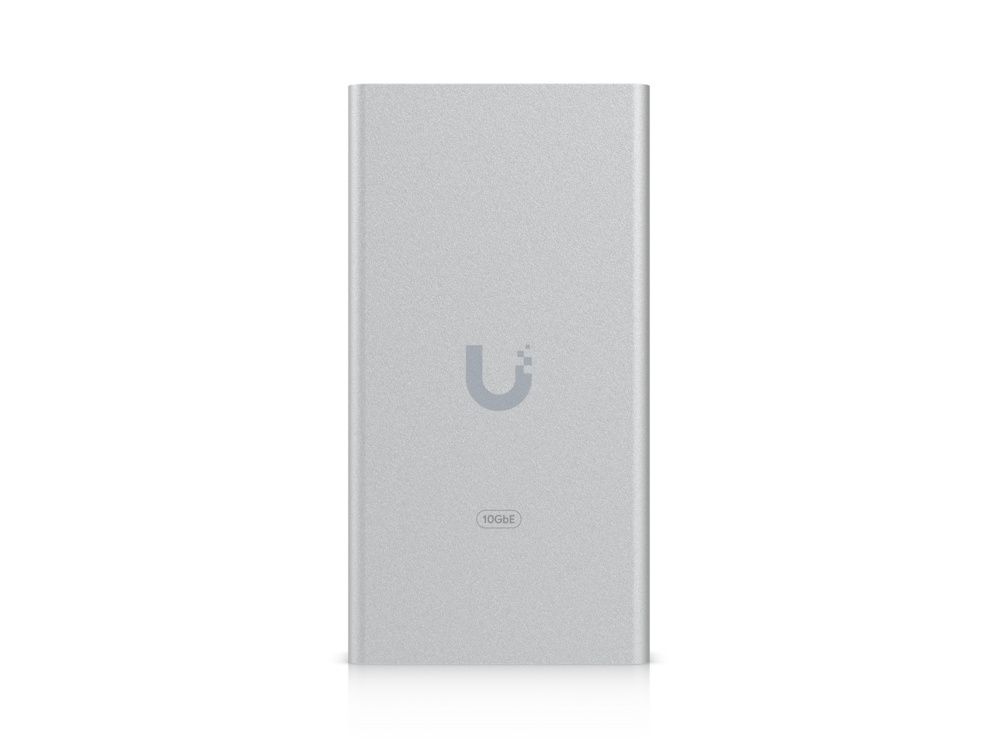 Bovenkant van de Ubiquiti 10G Ethernet Adapter UACC-Adapter-RJ45-USBC-10GE met het Ubiquiti logo