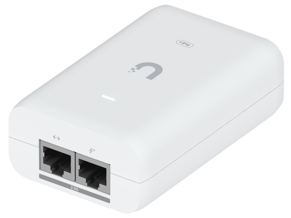 De Ubiquiti 2.5G PoE+ Adapter tot 30W met het Ubiquiti logo en twee 2.5 gigabit ethernetpoorten voor PoE+ voeding van netwerkapparatuur