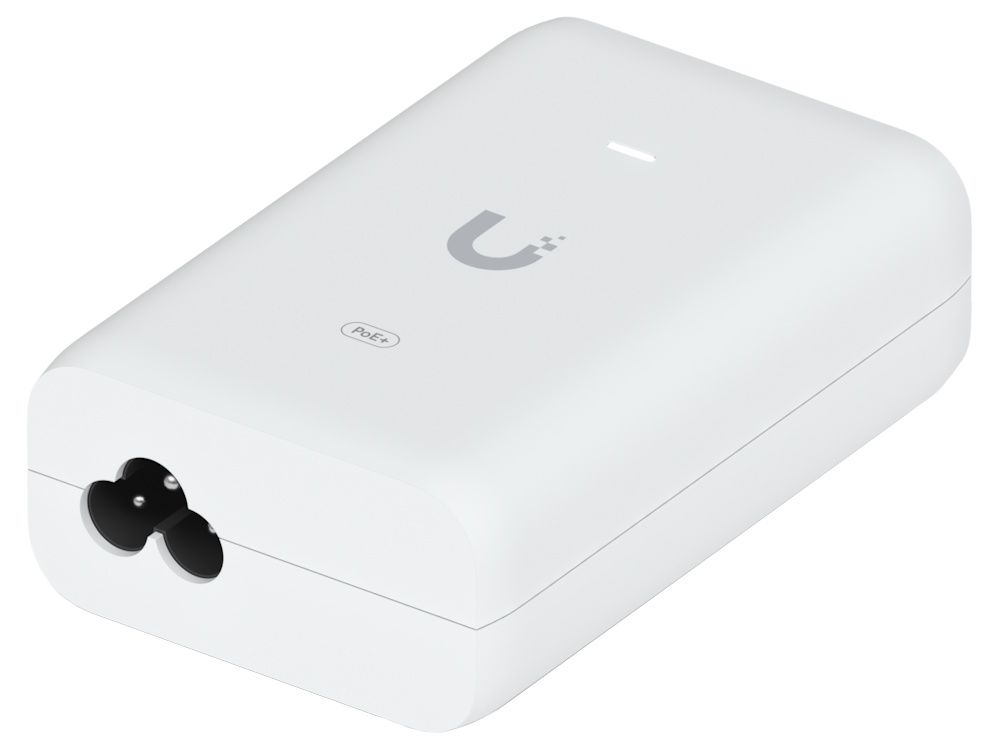 Achterkant van de Ubiquiti 2.5G PoE+ Adapter tot 30W met de stroomaansluiting