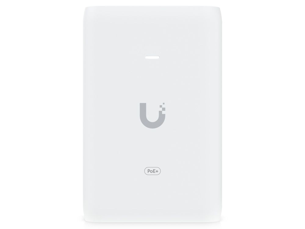 Bovenkant van de Ubiquiti 2.5G PoE+ Adapter tot 30W met het Ubiquiti logo