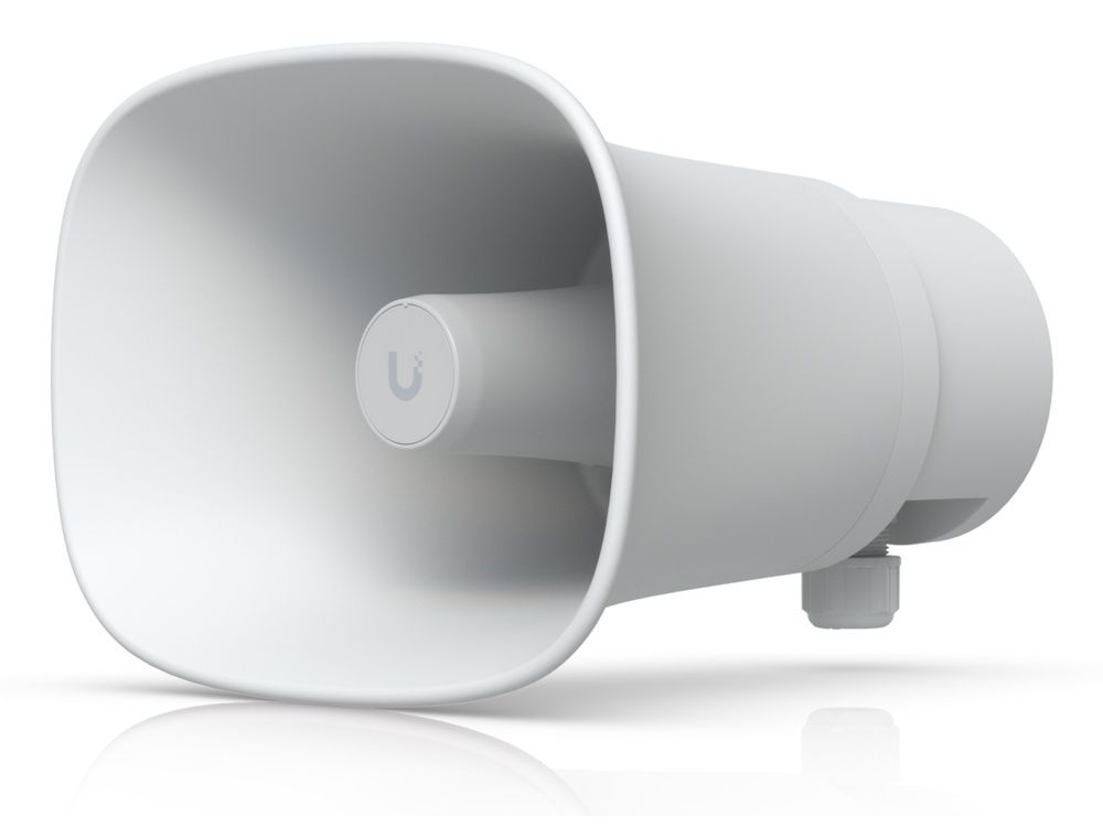 Zijkant en voorkant van de Ubiquiti AI Horn Speaker