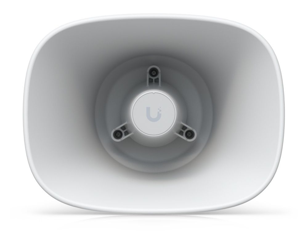 Voorkant en binnenkant van de Ubiquiti AI Horn Speaker met Ubiquiti logo