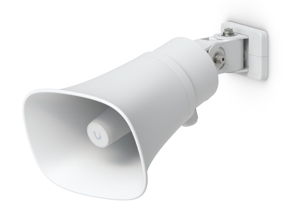 De Ubiquiti AI Horn Speaker schuin van bovenaf met een muurbeugel voor bevestiging