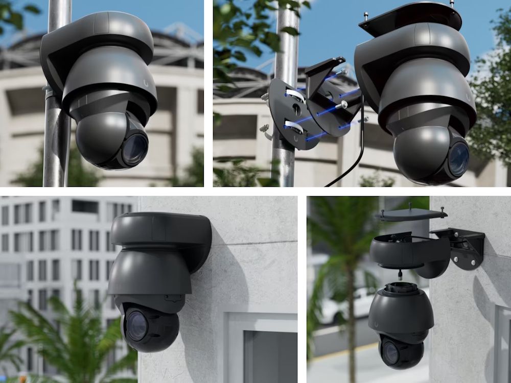Sfeerfoto van de Ubiquiti AI PTZ Industrial IP-camera (AI PTZ-B) geïnstalleerd op verschillende plaatsen zoals aan de muur en aan een paal