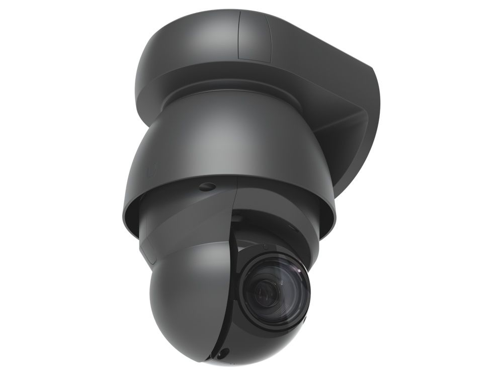 De Ubiquiti AI PTZ Industrial IP-camera (AI PTZ-B) met muurbeugel schuin van onder 