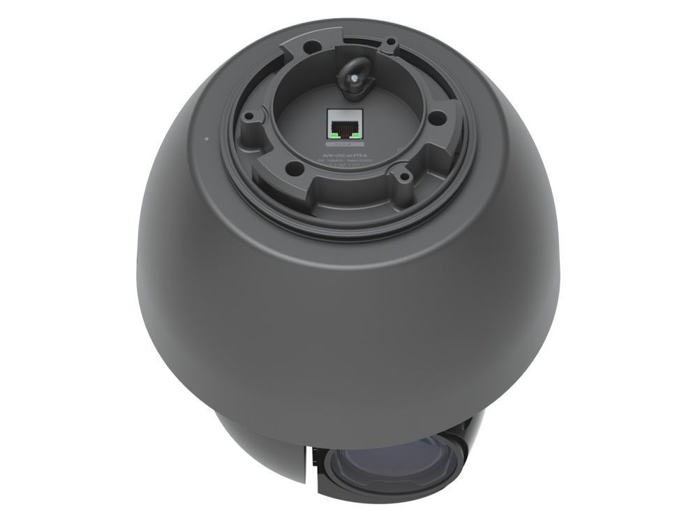 Bovenkant en aansluiting van de Ubiquiti AI PTZ Industrial IP-camera (AI PTZ-B) met 4K resolutie en AI en 22x optische zoom