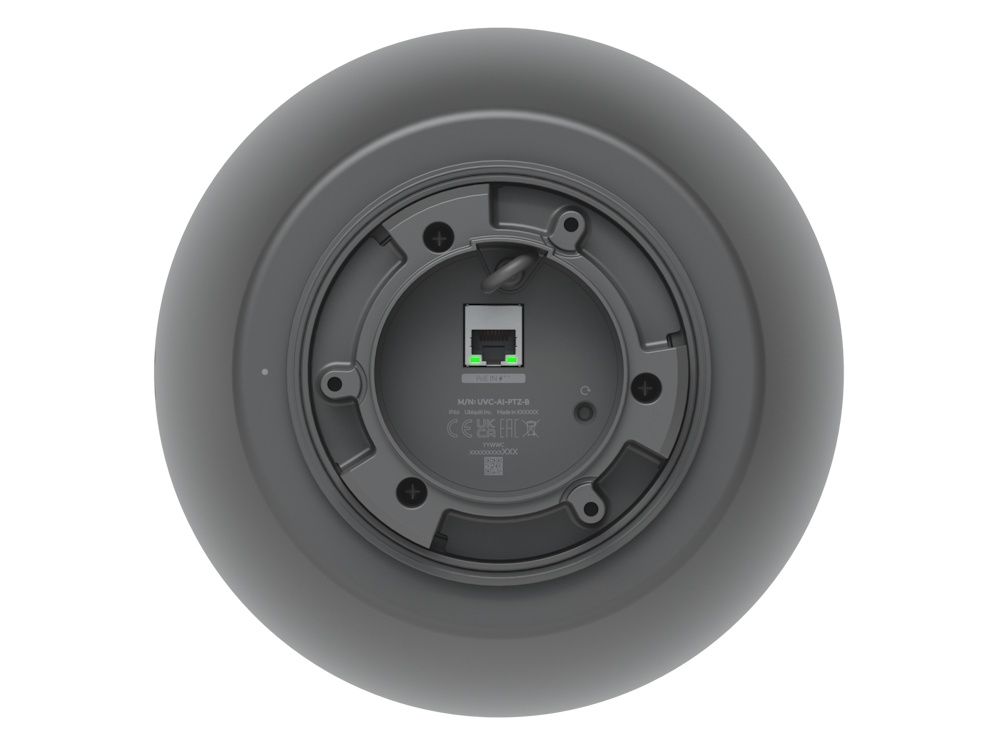 Ethernetpoort met PoE++ ondersteuning op de Ubiquiti AI PTZ Industrial IP-camera (AI PTZ-B) met 4K resolutie en AI en 22x optische zoom