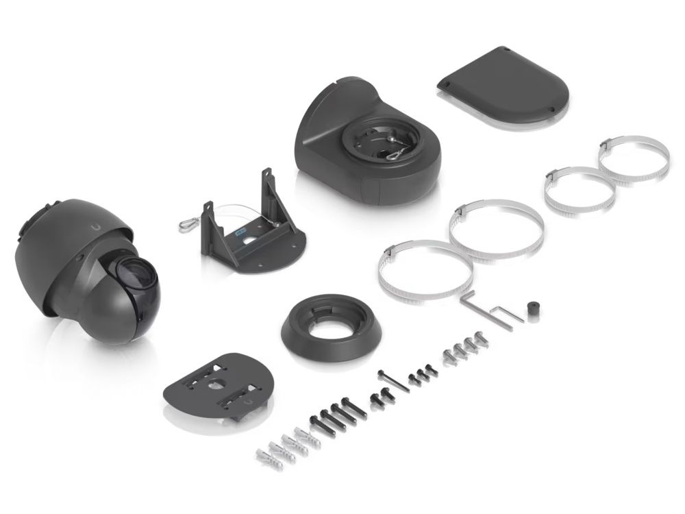 Verpakkingsinhoud van de Ubiquiti AI PTZ Industrial IP-camera (AI PTZ-B) met paalmontagebeugel en meurbeugel en tafelstandaard en montagemateriaal zoals pluggen en schroeven