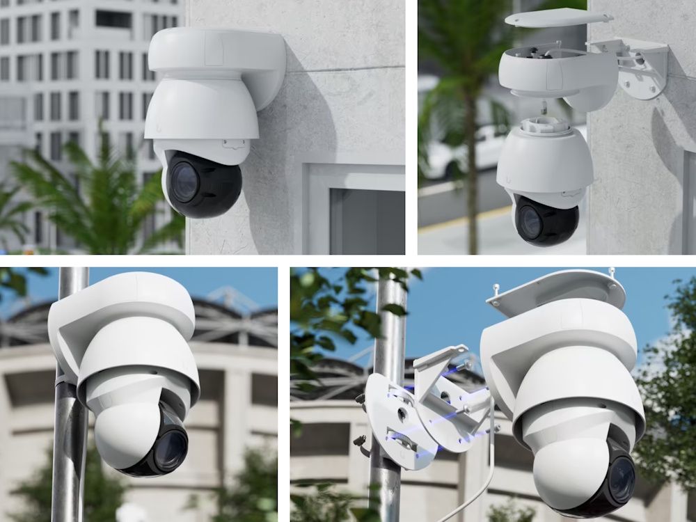 Sfeerfoto van de Ubiquiti AI PTZ Industrial IP-camera (AI PTZ-W) geïnstalleerd op verschillende plaatsen zoals aan de muur en aan een paal