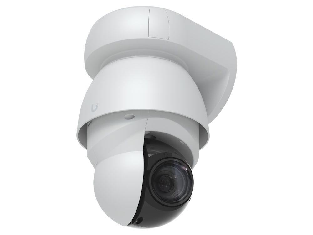 De Ubiquiti AI PTZ Industrial IP-camera (AI PTZ-W) met muurbeugel schuin van onder 